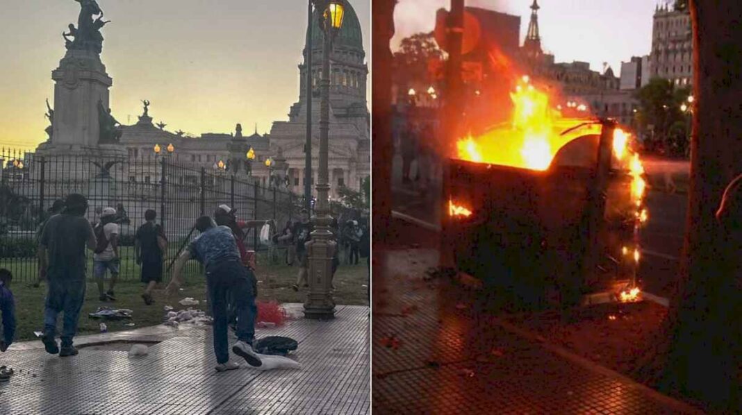 incidentes-frente-al-congreso:-grupos-de-izquierda-tiraron-piedras-y-quemaron-contenedores