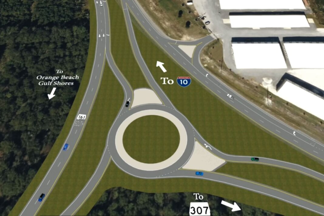 Ilustración o maqueta del nuevo puente Alabama Beaches Parkway sobre un cuerpo de agua, conectando dos costas.