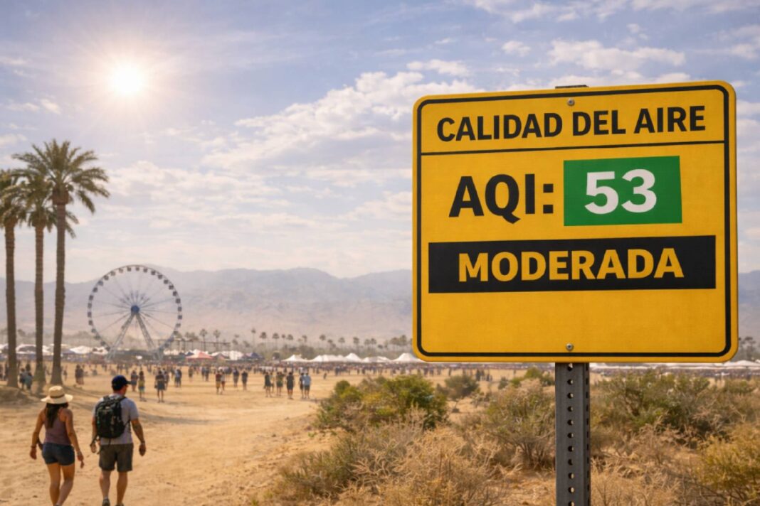 Vista aérea del valle de Coachella con cielo parcialmente cubierto de polvo.