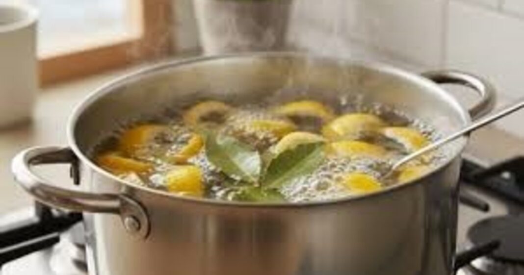 Cáscaras de limón y hojas de laurel en una olla con agua hirviendo, vapor aromático.