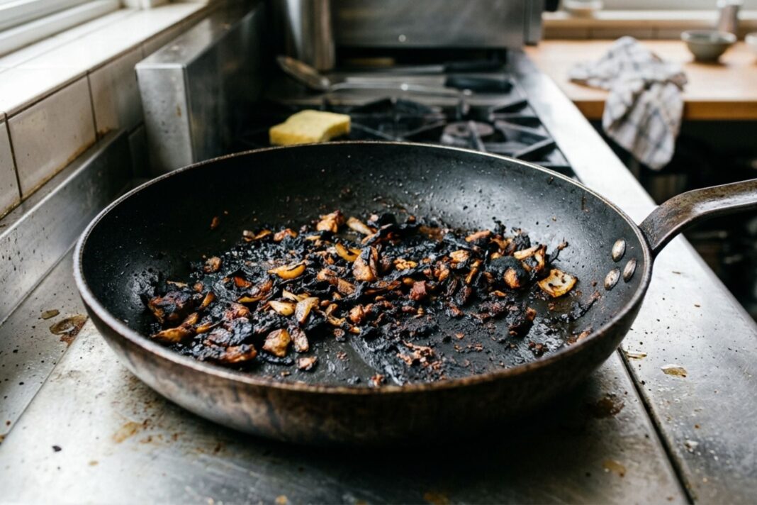 Olla antiadherente en proceso de limpieza con esponja suave y productos naturales como bicarbonato y vinagre.