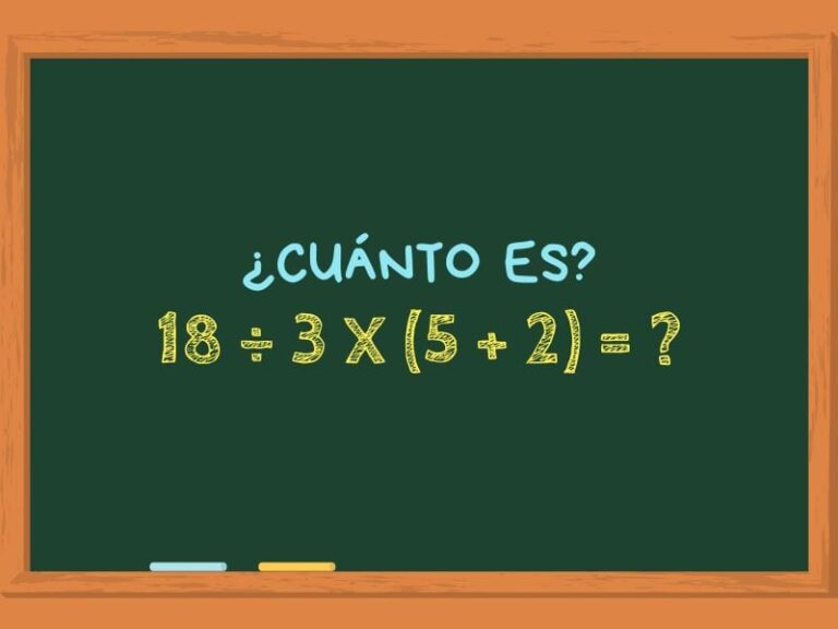 Imagen ilustrativa de un desafío matemático con la operación 18 ÷ 3 x (5 + 2) escrita en una pizarra.