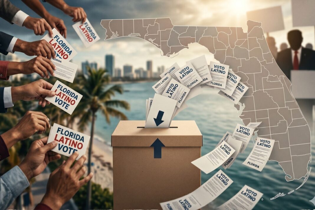 Gráfico de una encuesta sobre las preocupaciones de la comunidad latina en Estados Unidos, con banderas de EE.UU. y Florida.