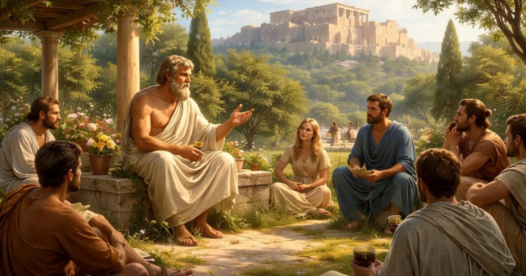 Busto de Epicuro, filósofo griego, en un fondo neutro