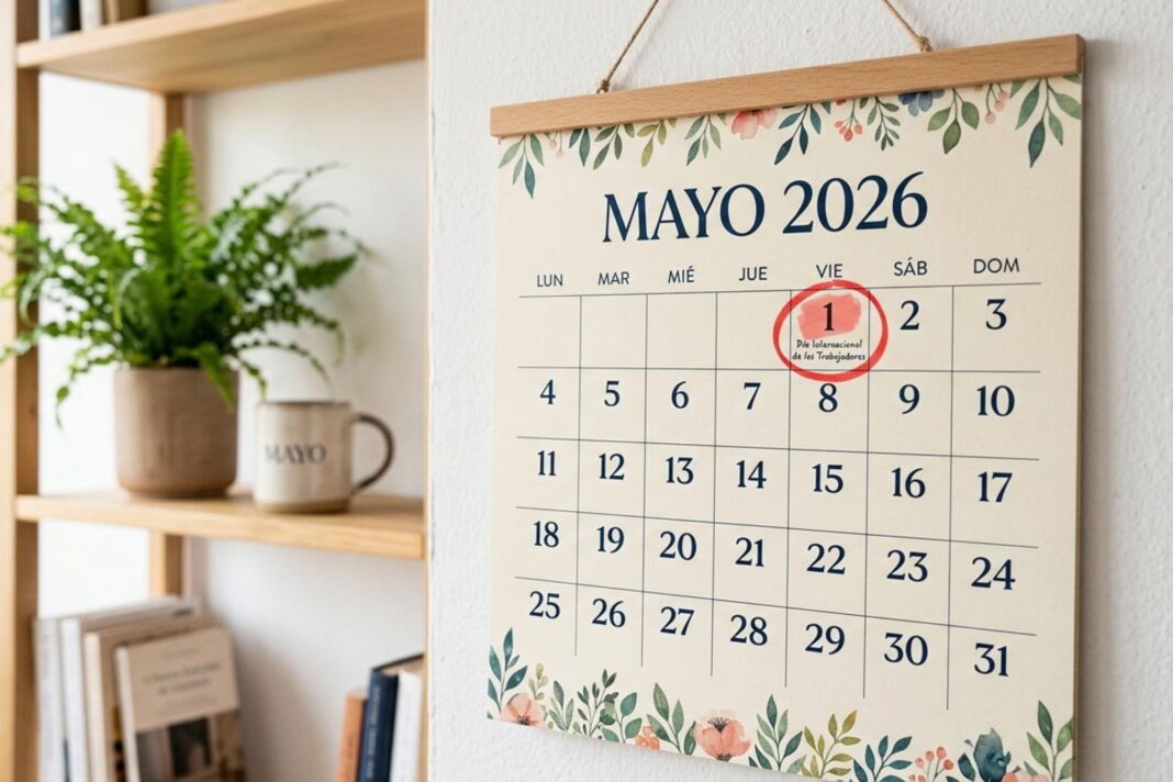 Calendario de mayo con feriados marcados: 1 y 25 de mayo