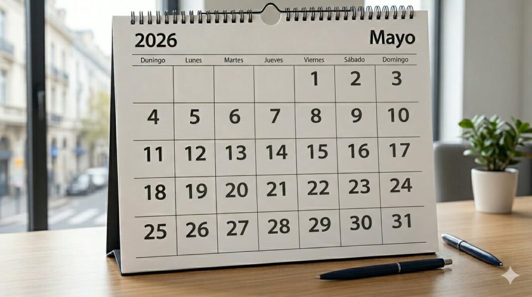 Calendario de mayo 2026 con feriados marcados