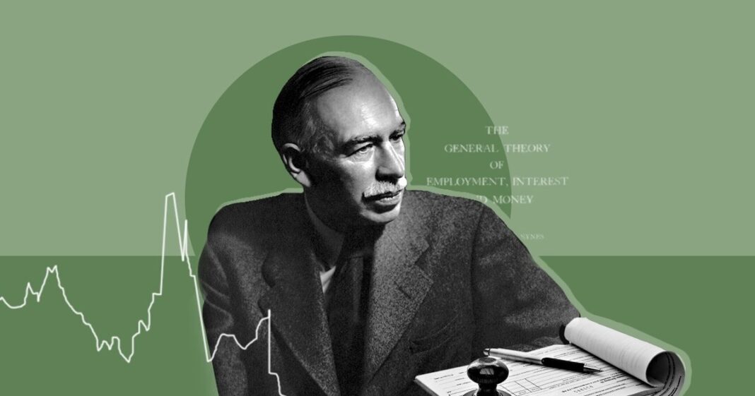 Retrato de John Maynard Keynes con libros de economía de fondo