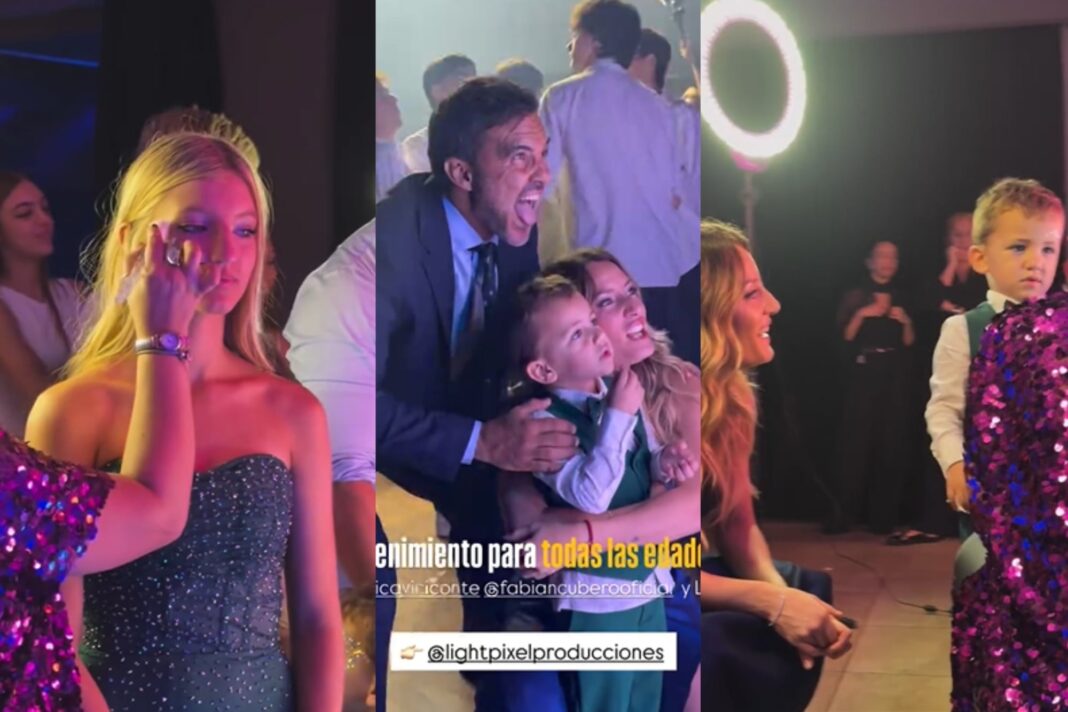 Allegra en su fiesta de 15 con vestido verde petróleo brilloso