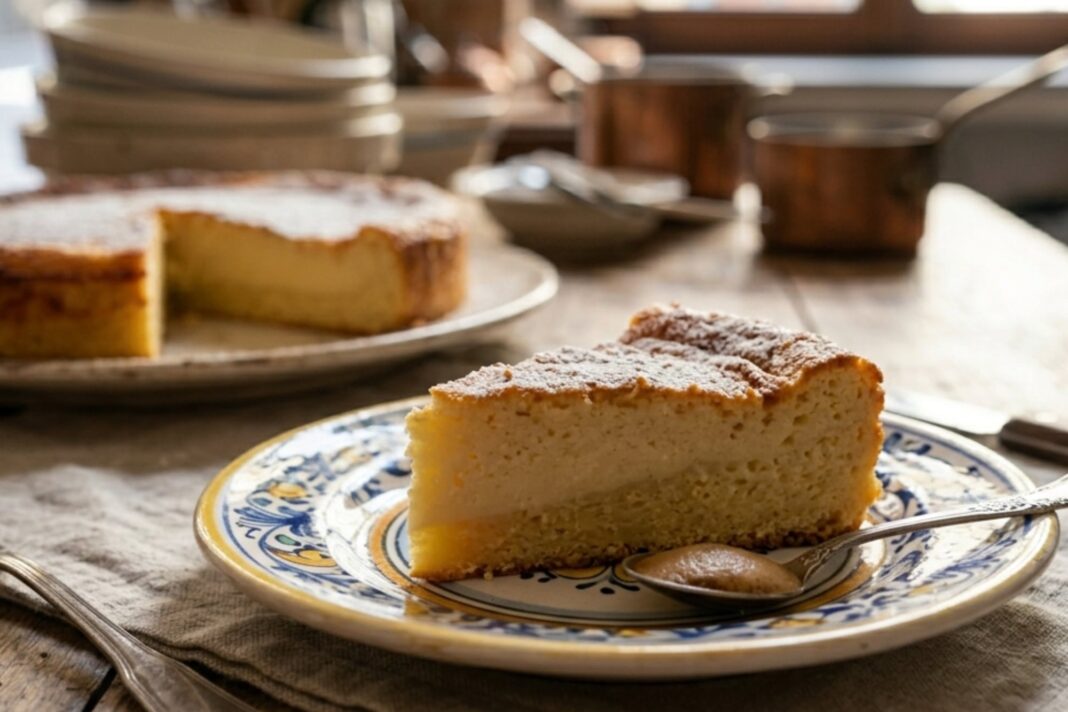 Porción de migliaccio, postre tradicional napolitano, sobre un plato blanco