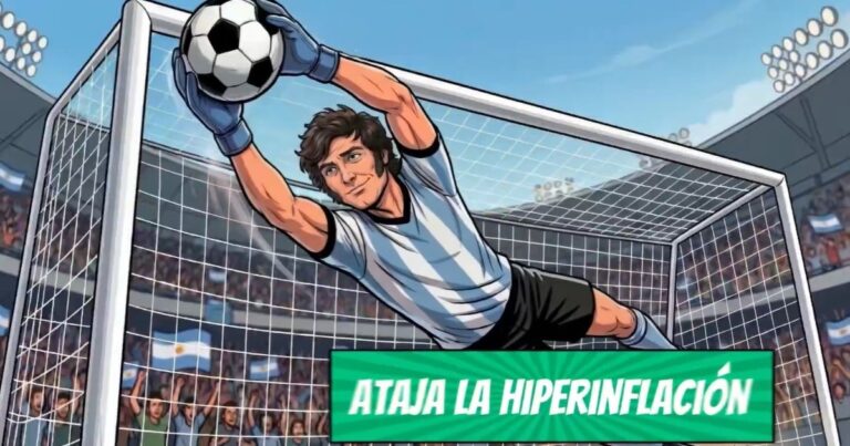 Fotograma del video animado donde se ve a Javier Milei caracterizado como un jugador de fútbol en un estadio.
