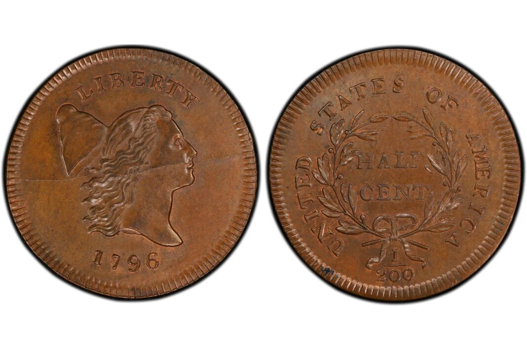 Moneda de medio centavo de dólar de 1796, variante sin asta (No Pole), con grieta visible en el anverso