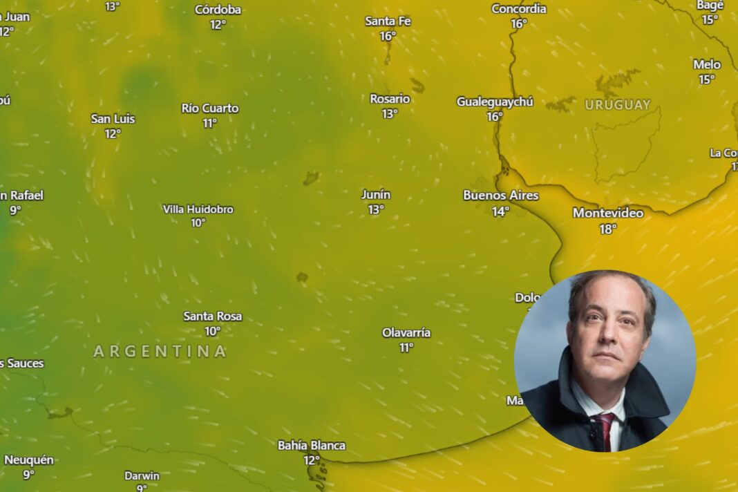 Mapa del clima en el AMBA con frente frío y nubes