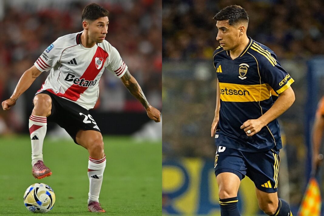 Escudos de River Plate y Boca Juniors enfrentados, representando el Superclásico del fútbol argentino.