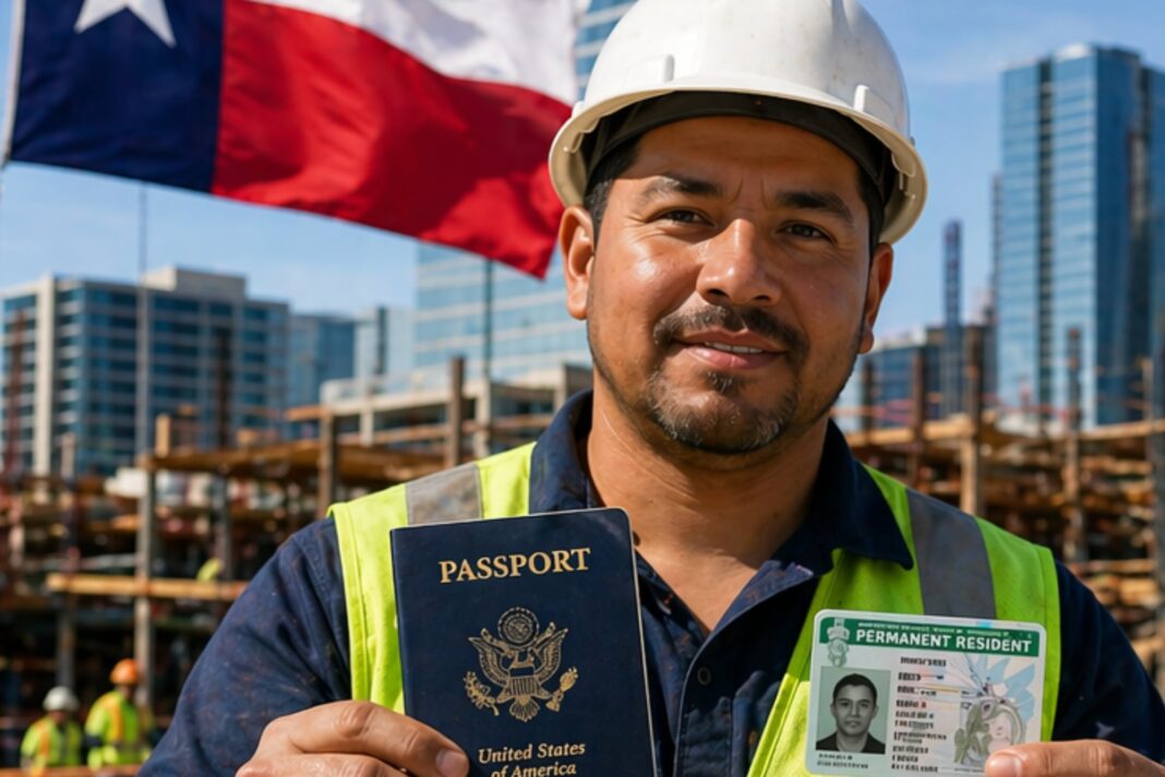 Documentos de identidad y licencia profesional de Texas sobre una mesa