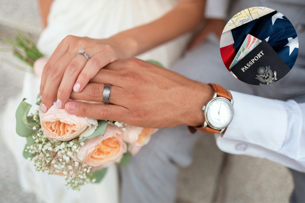 Ilustración conceptual sobre documentos de inmigración y una lupa sobre la palabra 'fraude'.