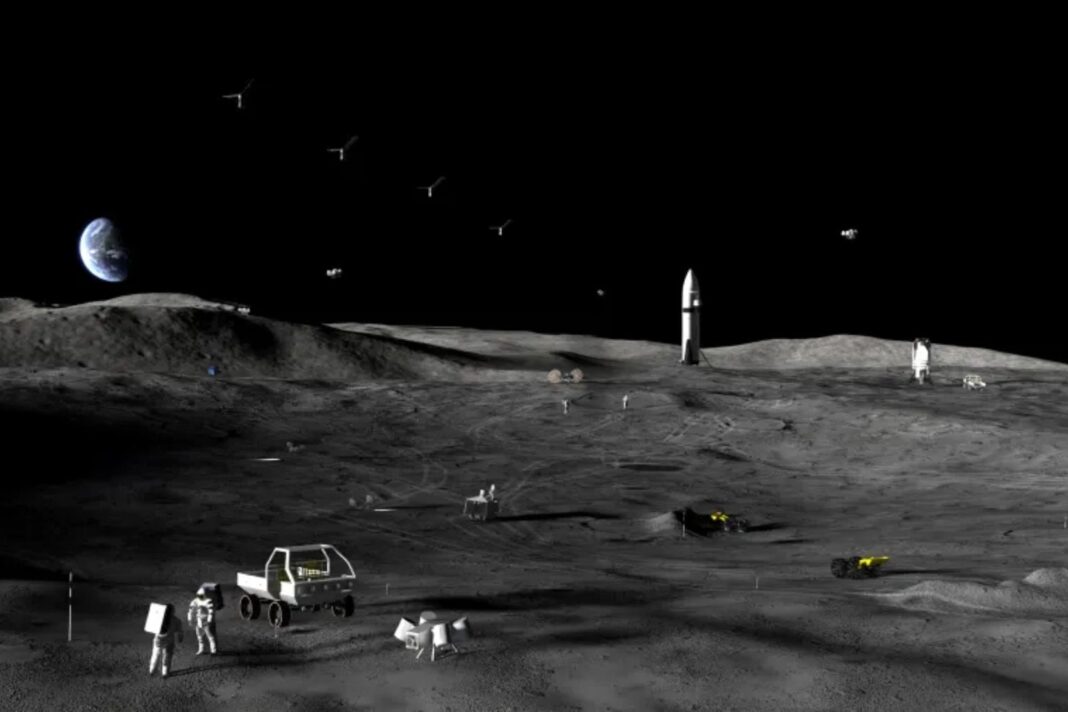 Representación artística de una base lunar en el Polo Sur con módulos habitacionales y paneles solares