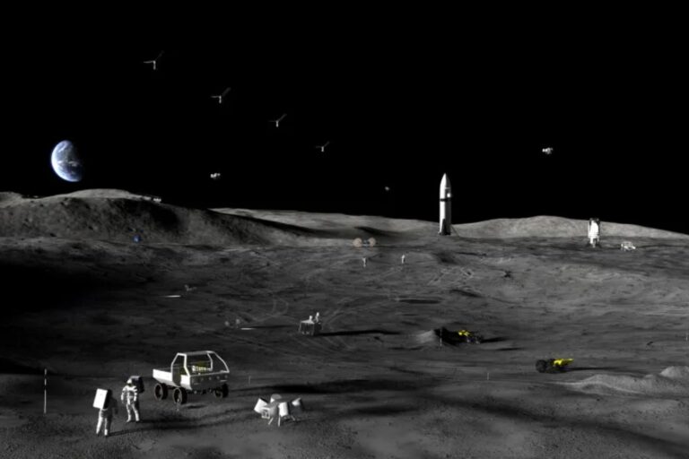 Representación artística de una base lunar en el Polo Sur con módulos habitacionales y paneles solares