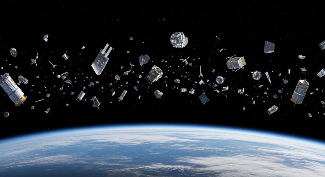 Representación de basura espacial orbitando la Tierra