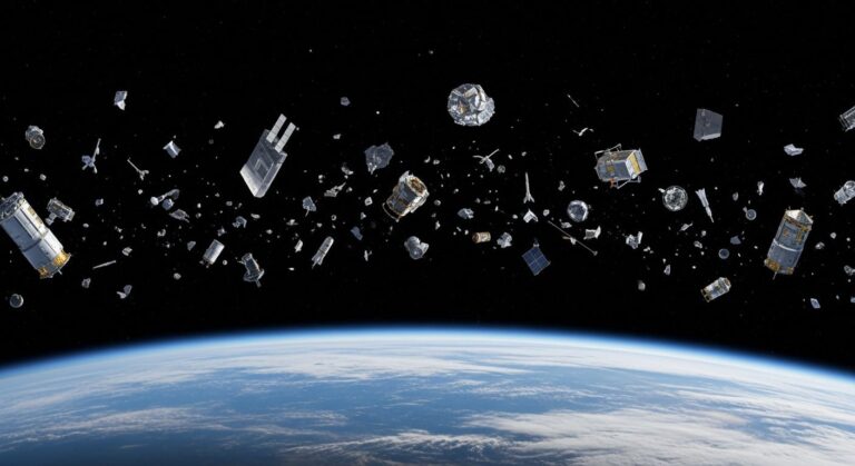 Representación de basura espacial orbitando la Tierra