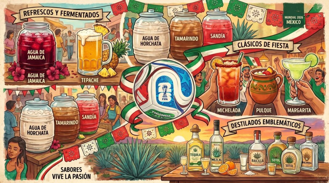 Variedad de bebidas típicas mexicanas, incluyendo michelada, tequila y aguas frescas
