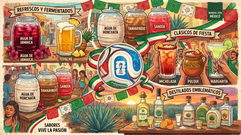 Variedad de bebidas típicas mexicanas, incluyendo michelada, tequila y aguas frescas