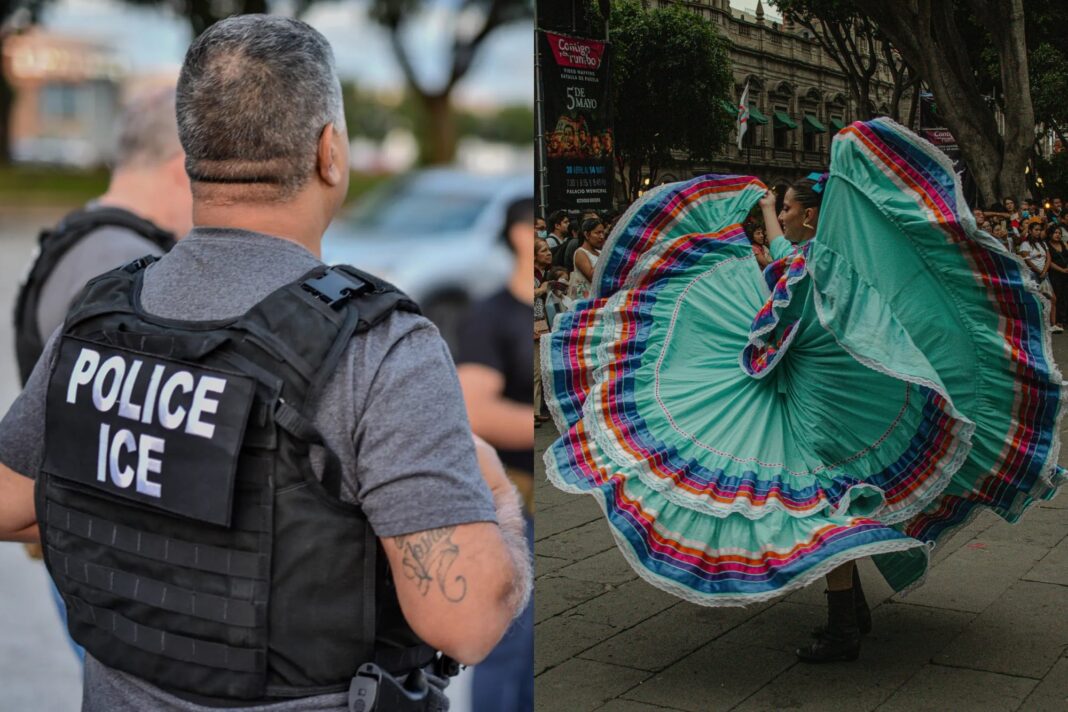 Personas en un desfile del Cinco de Mayo con banderas mexicanas y estadounidenses