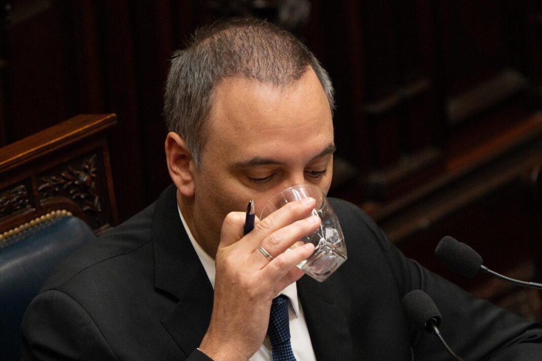 Adorni en una conferencia de prensa con gesto serio