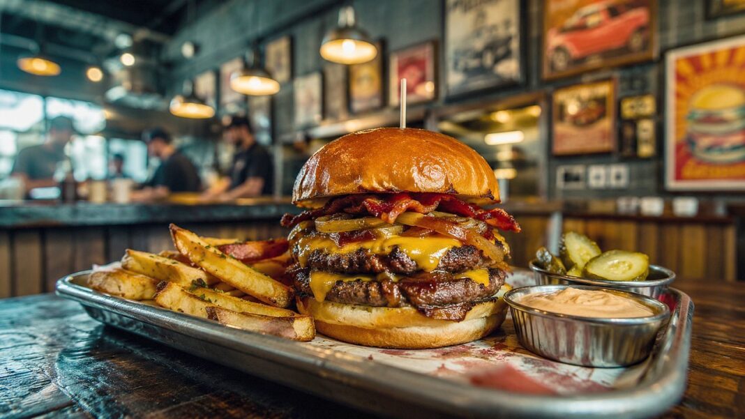 Hamburguesa con papas fritas y aros de cebolla