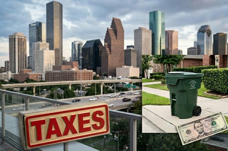 Calle de Houston con contenedores de basura y edificios al fondo