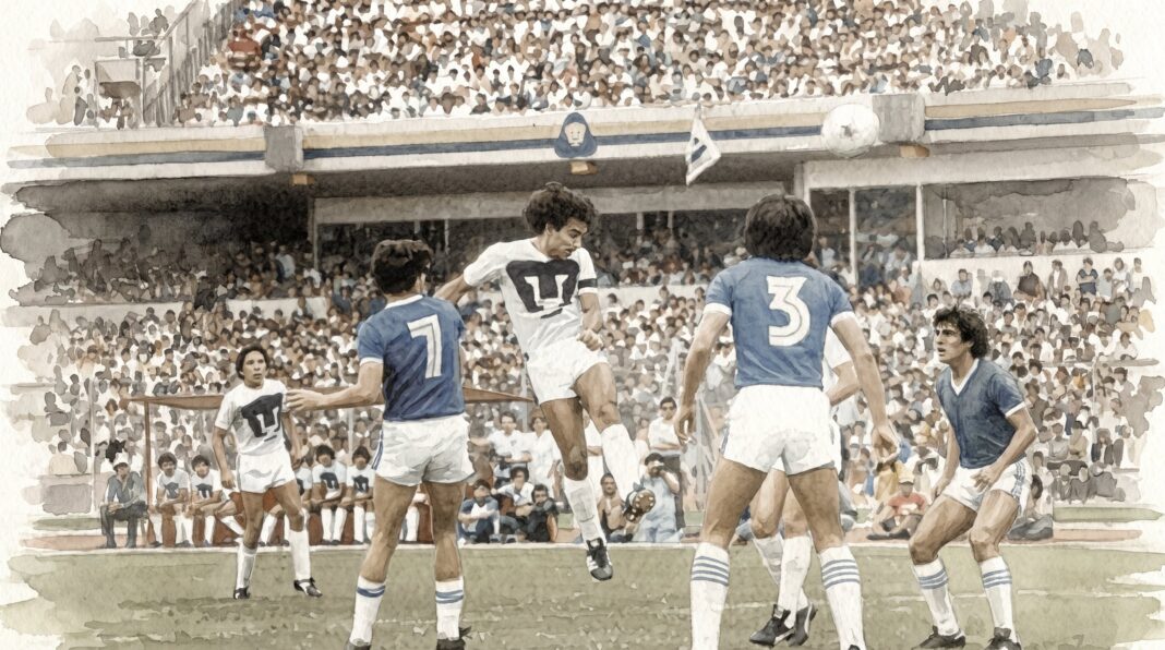 Hugo Sánchez celebra un gol con la camiseta de Pumas en la final de 1981 contra Cruz Azul