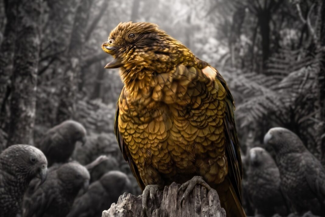 Loro kea Bruce con medio pico usando un guijarro para acicalarse