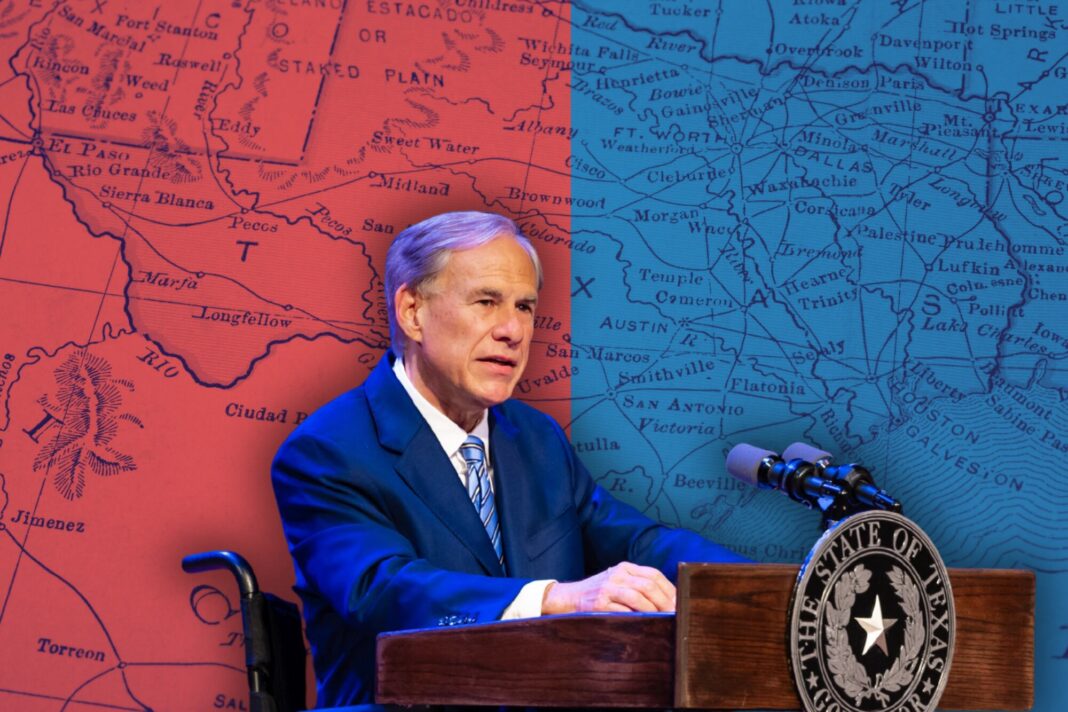 Bandera de Estados Unidos y valla fronteriza en Texas