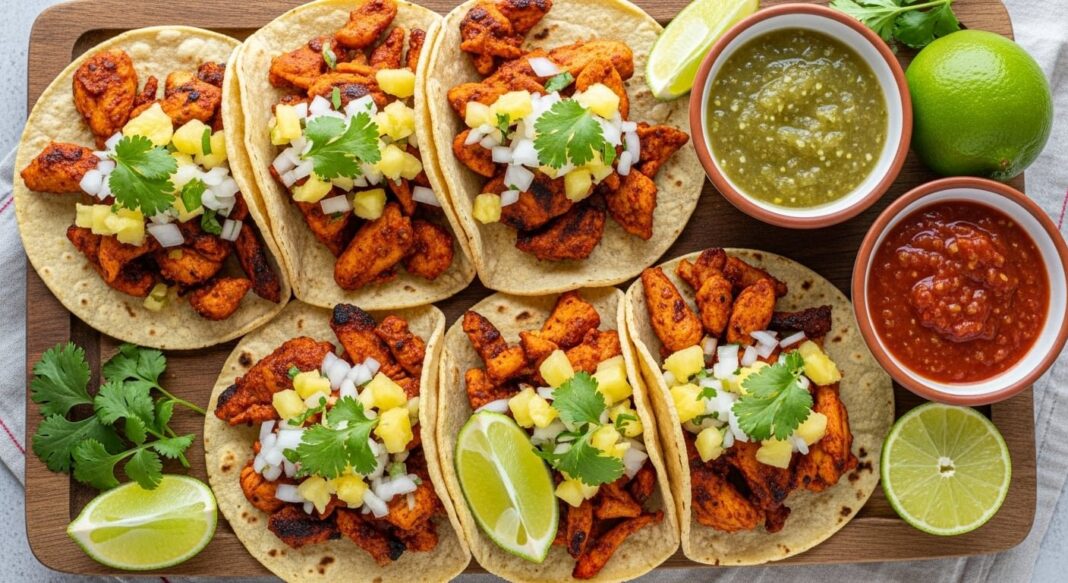 Tacos de pollo al pastor servidos en tortillas de maíz con piña, cilantro y cebolla