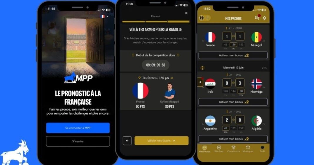 Captura de pantalla de la aplicación MPP Mon Petit Prono mostrando pronósticos de fútbol