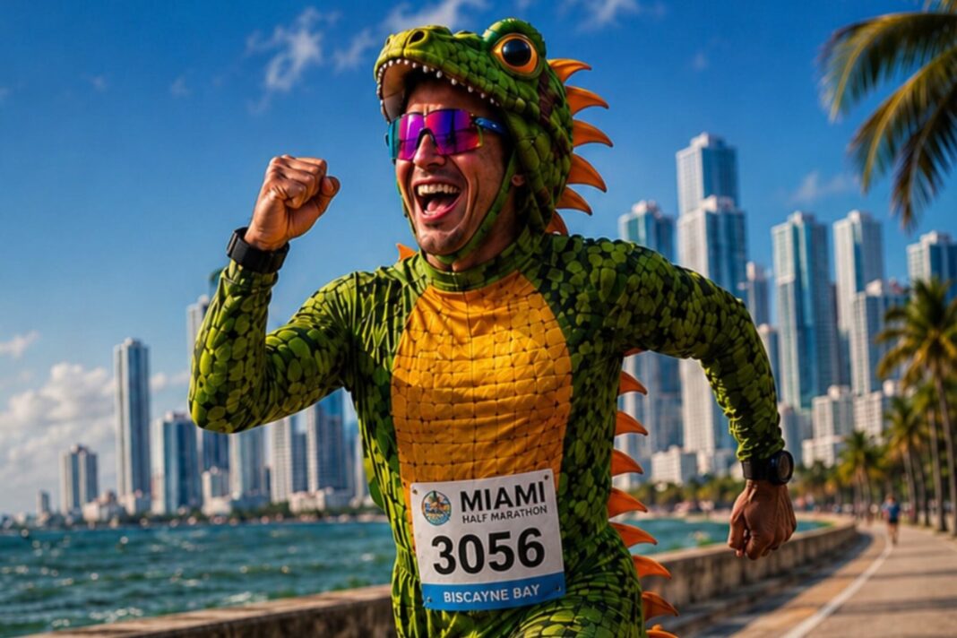 Participantes disfrazados de iguana en la carrera 305 Iguana Man 5K en Crandon Park, Miami