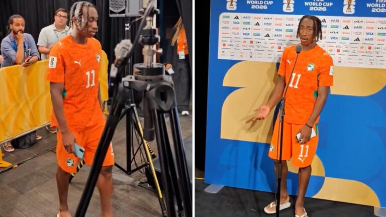 Yan Diomandé hablando con periodistas en zona mixta del Mundial 2026