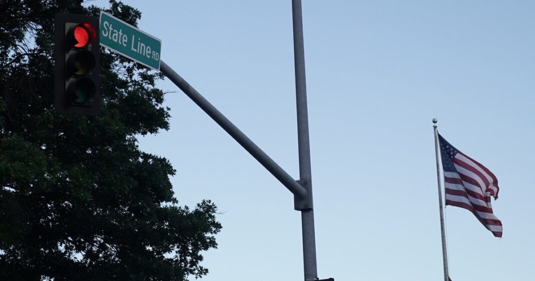 Imagen de Kansas City con la calle State Line que divide los estados de Missouri y Kansas