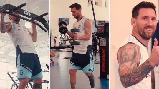 Lionel Messi realizando ejercicios de fuerza con pesas en un gimnasio