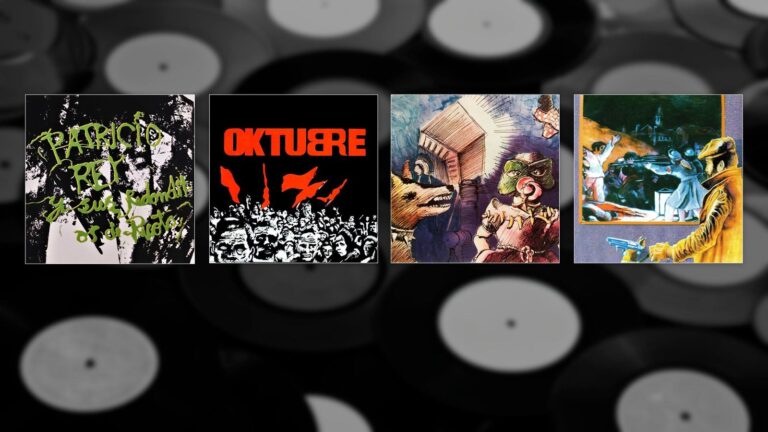 Portadas de los cuatro primeros discos de Patricio Rey y sus Redonditos de Ricota: Gulp!, Oktubre, Un baión para el ojo idiota y ¡Bang! ¡Bang!... Estás liquidado
