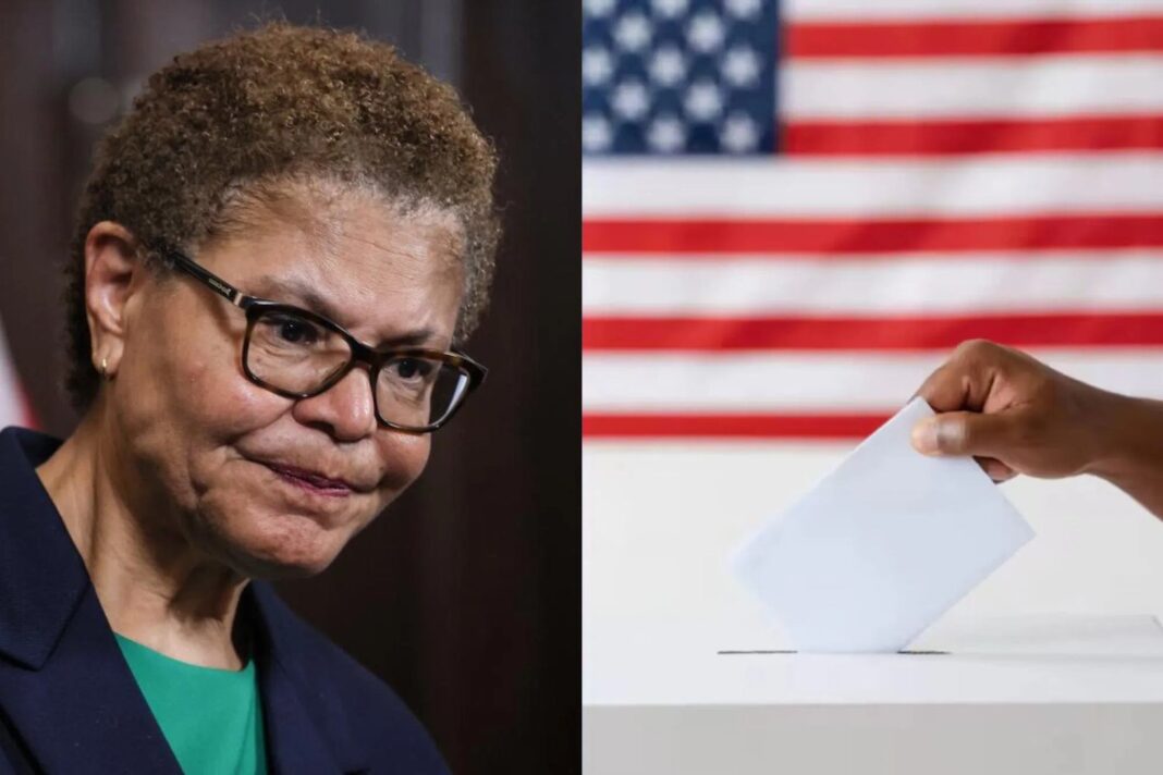 Fotografía de Nithya Raman y Karen Bass en el contexto de las elecciones a la alcaldía de Los Ángeles