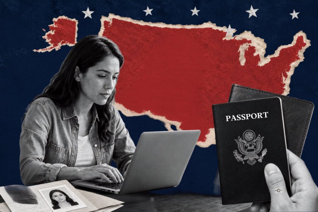 Pasaporte estadounidense y computadora portátil
