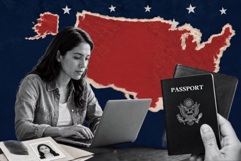 Pasaporte estadounidense y computadora portátil
