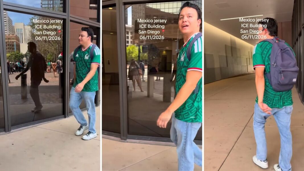 Personas confrontan a un hombre con jersey de México frente a un edificio federal