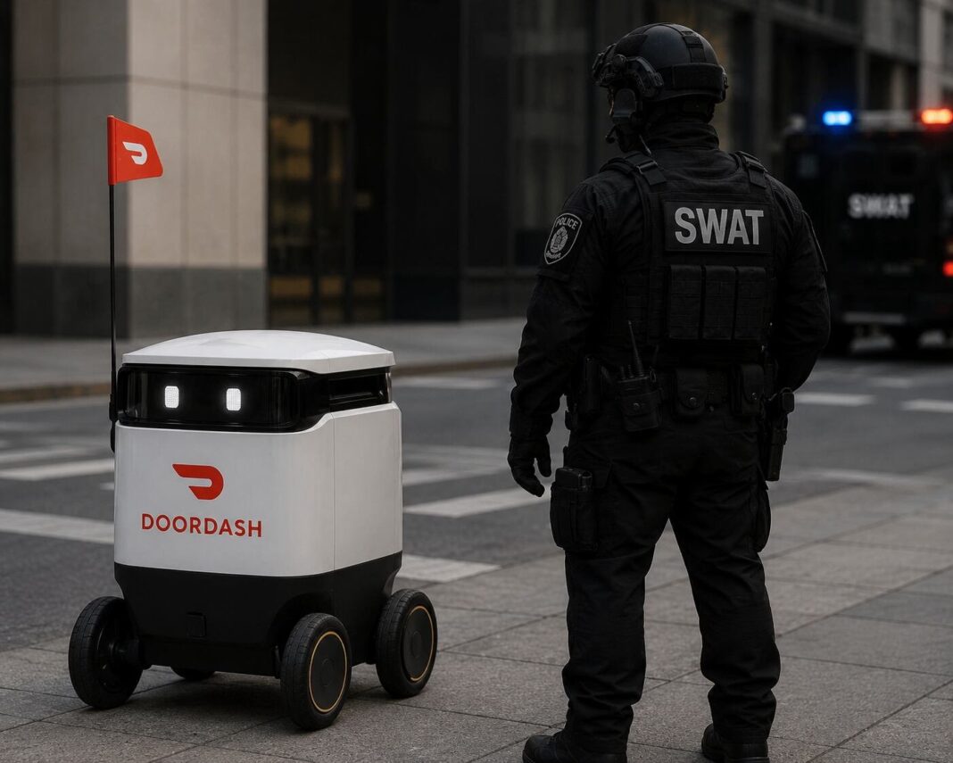 Robot de DoorDash frente a un operativo policial en Chandler, Arizona