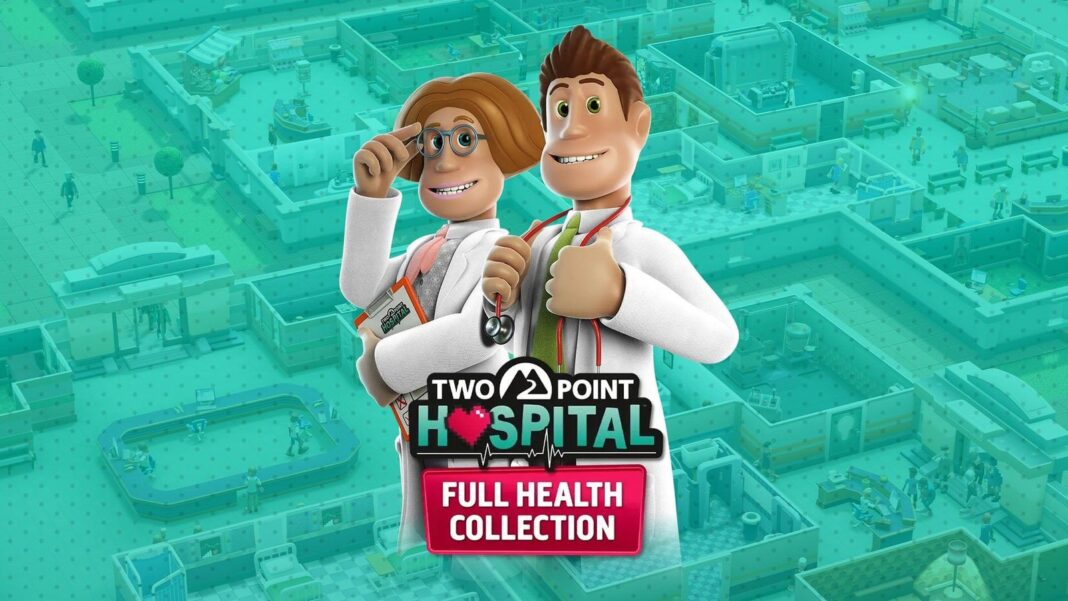 Captura del juego Two Point Hospital mostrando un hospital con pacientes y personal