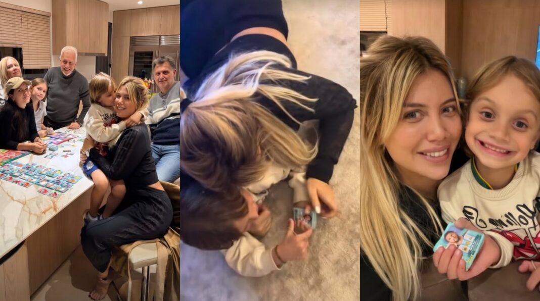 Wanda Nara jugando con su sobrino Viggo y otros niños sobre una alfombra con figuritas del Mundial
