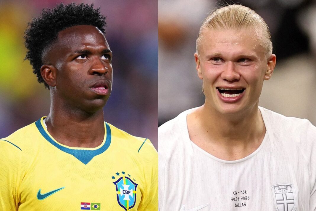 Vinícius Júnior y Erling Haaland, figuras de Brasil y Noruega, en un partido de octavos de final del Mundial 2026