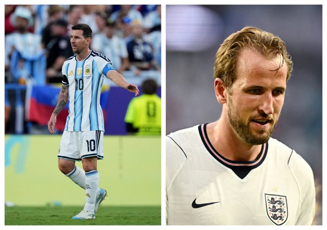 Bandera de Argentina y bandera de Inglaterra enfrentadas, con fondo de estadio de fútbol