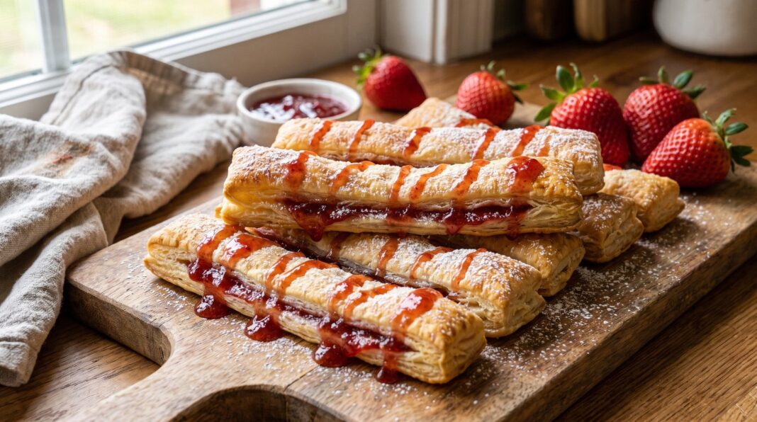 Palitos de hojaldre rellenos con mermelada de fresa sobre una rejilla de enfriado