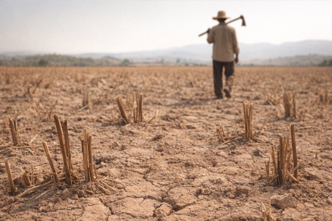 Campo seco en el Corredor Seco de Nicaragua con cultivos marchitos